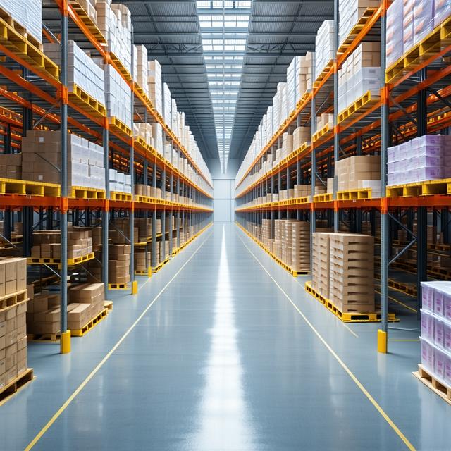 Modern logistics warehouse interior with high storage racks