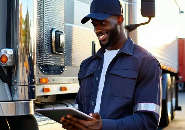 Professional truck driver checking delivery logs